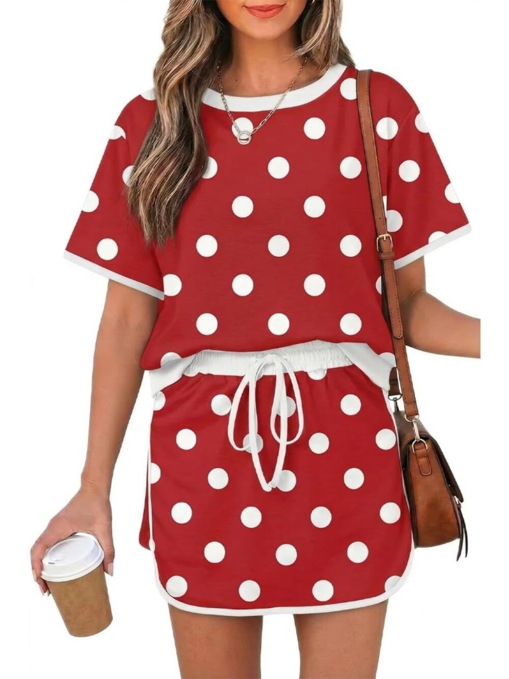 〽️Women's Shorts Set Red Polka Dots Short Sleeve Top Drawstring Skort Outfit